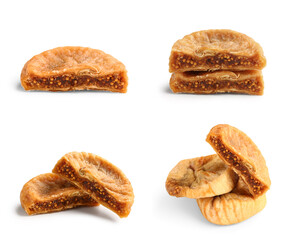 Set of sweet dried figs on white background