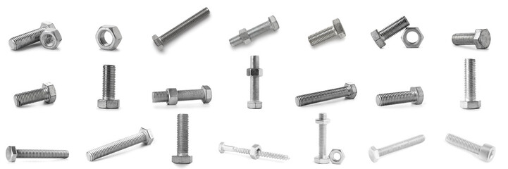 Set of tap bolts with nut on white background