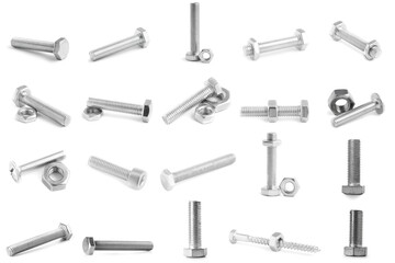 Collection of tap bolts with nut on white background
