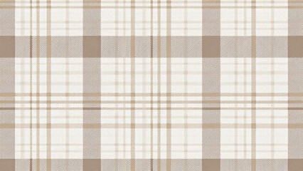 A digital plaid pattern with intersecting lines and rectangles in shades of brown, white, and beige. Layered texture resembling woven fabric, with a classic and timeless style. No objects or backgroun