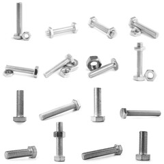 Set of tap bolts with nut on white background