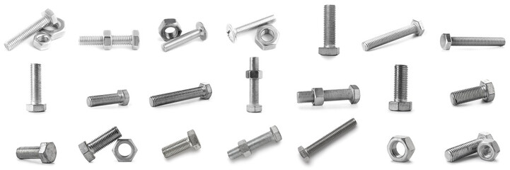 Collage of tap bolts with nut on white background