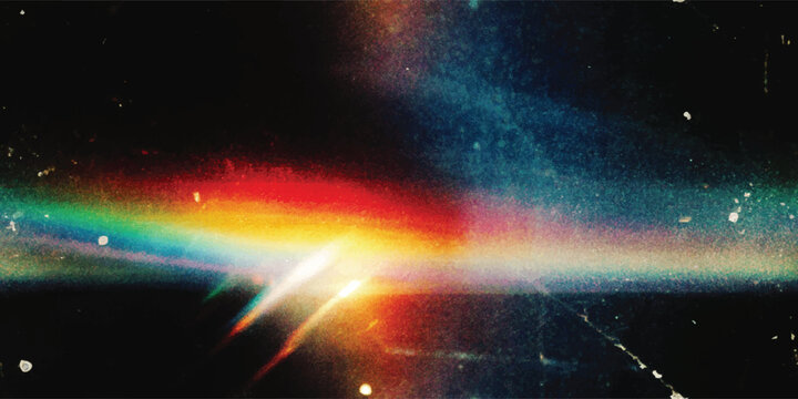 Vector seamless pattern, Crystal rainbow light leaks photo overlay background with lens flare effect, scratches dust dirty film grain texture with heavy noise, grunge texture, distressed damaged film