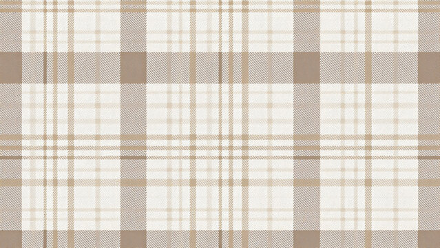 A digital plaid pattern with intersecting lines and rectangles in shades of brown, white, and beige. Layered texture resembling woven fabric, with a classic and timeless style. No objects or backgroun