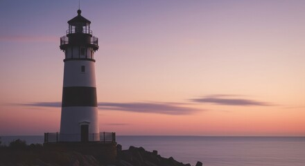 Serene Coastal Lighthouse at Sunset:  Tranquil Seascape, Minimalist Style, Peaceful Evening Mood, Dramatic Sky, Black and White Tower.