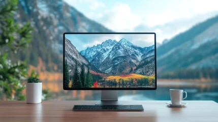 Fototapeta premium Computer Monitor Displaying Mountain Landscape Scenery On Wooden Desk With Coffee Cup And Green Plant Blurred Background