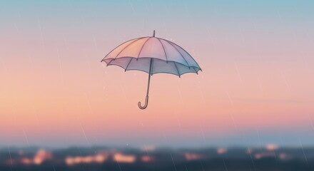 Serene pastel umbrella floats in gentle rain, dreamy sunset cityscape background; artistic illustration, peaceful mood.