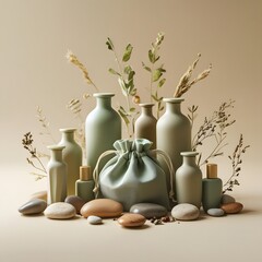 Vibrant spring still life with a vase of blossoming flowers, candles, and natural decorations for a beautiful spa ambiance