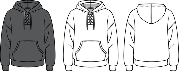 Lace up hoodie front and back technical sketch, fashion design template, unisex pullover hooded sweatshirt with pocket and drawstring detail   flat vector illustration © merajul