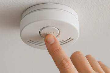 First time homebuyer testing smoke detector for safety and peace of mind in new home