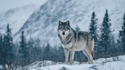 Naklejka premium Gray wolf standing alert in a snowy landscape.