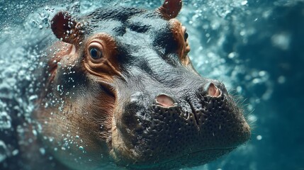 Close-up of a Hippopotamus Underwater with Bubbles and Clear Water Background