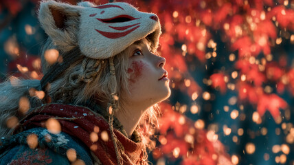 祈りを捧げる狐面の少女/Fox-Masked Girl in Prayerful Silence Generative AI