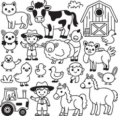 Cute hand drawn farm animals and characters with barn and tractor in black and white outline style