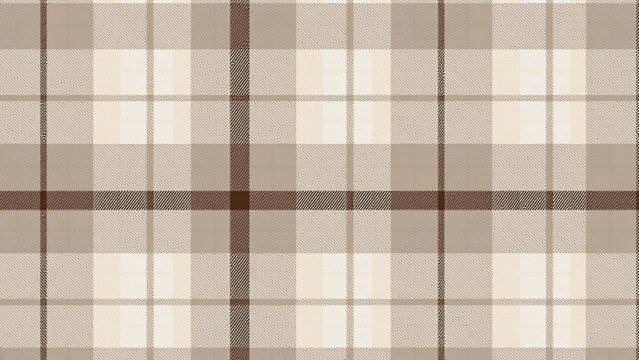 A layered plaid pattern with thick dark brown lines creating a grid, filled with lighter squares of beige and tan. Textured like woven textile, with a soft and muted color palette.