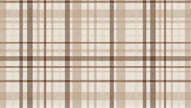 A layered plaid pattern with thick dark brown lines creating a grid, filled with lighter squares of beige and tan. Textured like woven textile, with a soft and muted color palette.