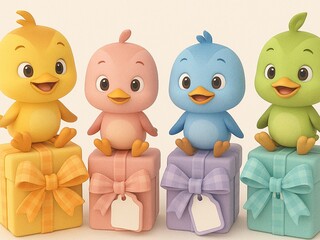 Obraz premium Four adorable cartoon birds, each with a distinct color (purple, yellow, red, blue), are perched on top of vibrant, polka-dotted gift boxes with ribbons.