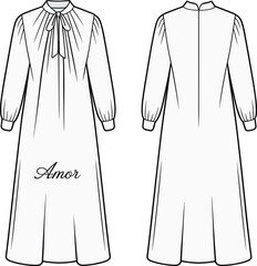Women's long sleeve maxi dress technical flat sketch, elegant front and back view design, bow neck detail, fashion template illustration

 flat vector illustration