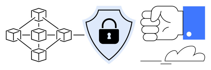 Blockchain structure connected by lines, security shield with a lock, hand representing control, and cloud icon. Ideal for technology, security, blockchain, cloud storage, privacy control