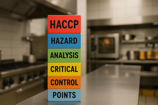 HACCP hazard analysis and critical control points on wooden blocks with commercial kitchen background representing food safety monitoring and hygiene management system