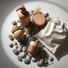Assorted baking utensils on a wooden table with brown Easter eggs and a cup of coffee ready for a spring breakfast