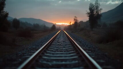 Fototapeta premium Sunset Over Train Tracks Leading To The Horizon With Dramatic Sky And Mountain Silhouette