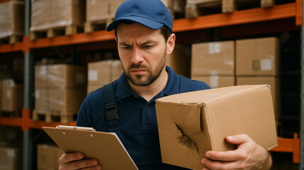 Warehouse employee holding damaged package and checking inventory list showing product issue quality control and warehouse stock verification