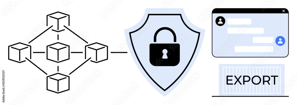 Poster blockchain connection network linked to shield with lock, message interface, and export label. ideal