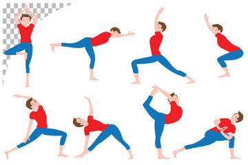 Color illustration Yoga vector set Colorful vector illustration depicting a person performing eight different standing yoga poses, showcasing balance, strength, and graceful stretching.