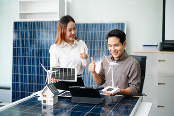 Engineer Team Meeting of Sustainable on a solar and wind energy project, discussing innovation and...