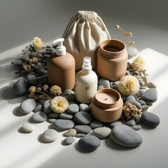 Relaxing spa still life with a candle, flower, and essential oils for beauty and wellness therapy