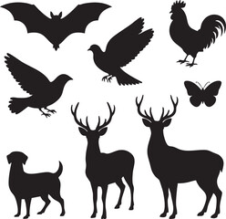 Fototapeta premium Collection of black animal silhouettes including a bat rooster doves butterfly dog and deer