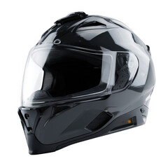 Sleek black motorcycle helmet offering protective gear with modern design, positioned against transparent backdrop