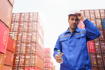 Container yard worker is taking a break and drinking water during a very hot day.