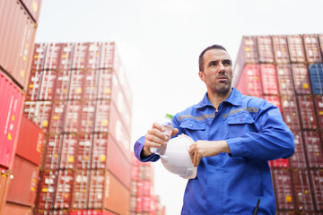 Container yard worker is taking a break and drinking water during a very hot day.