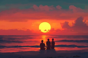 Fototapeta premium Three friends enjoy a vibrant sunset on a tranquil beach in the evening, Three people admiring the sunset from a beach