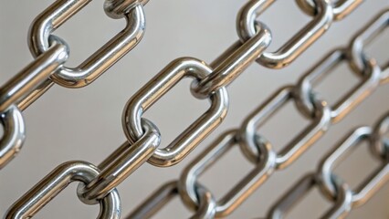 Fototapeta premium Close-up of metallic chains showcasing their links and texture against a neutral background.