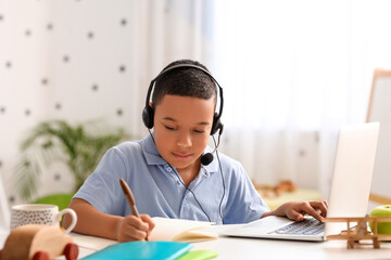 Little African-American boy in headset studying computer sciences online at home