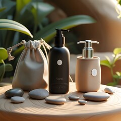 White plastic pump bottle with essential oil and bath soap, ideal for spa and body care product photography