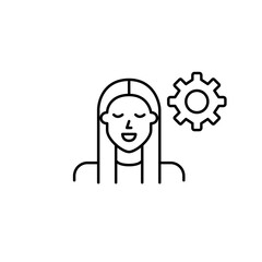 Woman and cogwheel. User settings, profile customization, female user preferences, account management, system configuration. Pixel perfect, editable stroke vector icon