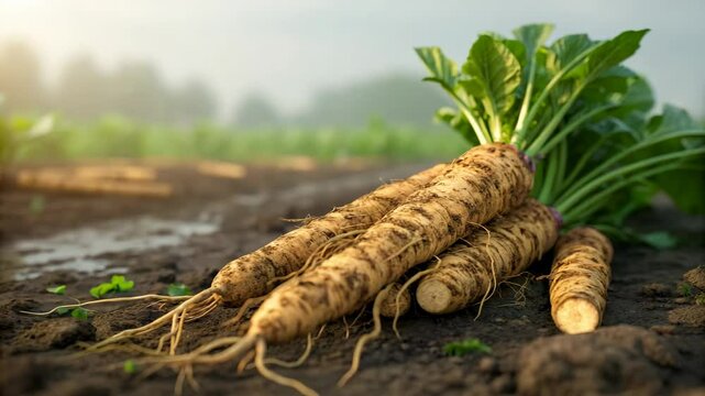 Freshly harvested parsnips display their earthy textures and vibrant green tops against a backdrop of fertile field soil at sunrise for farm-to-table concepts.