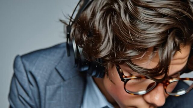 Focused Beats: A stylish individual, headphones clamped over flowing dark hair, engrossed in music, embodying a blend of focus and contemporary lifestyle.