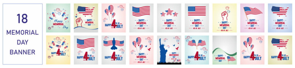 USA Independence day vector pack o fireworks, flag, victory hand, balloons and map. ideal for posters, banners, digital ads, and 4th of July event designs. fully editable vector file.