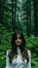 A woman in a forest, waterfall in background