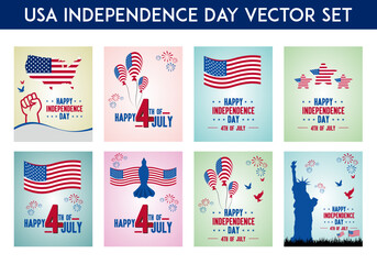 Vector Illustration set of celebrating the United States Independence Day. Includes patriotic elements such as the American flag, peace victory hand, colorful fireworks, helium balloons.