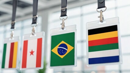 Hanging ID badges featuring various country flags in a modern office setting, showcasing international representation and diversity.