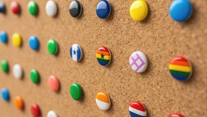 Colorful pins featuring various designs are arranged on a corkboard, creating an eye-catching display of patterns and symbols.