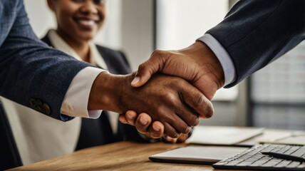 Business handshake in a modern office setting, symbolizing partnership and collaboration.