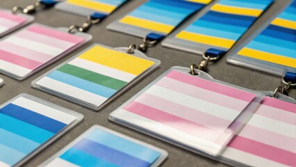 Colorful lanyards featuring various striped patterns, arranged neatly on a surface, highlighting diversity and creativity.