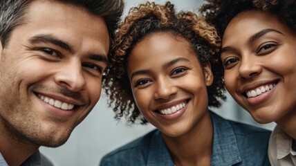 Three smiling individuals with diverse hairstyles pose together, exuding joy and camaraderie in a close-up shot.